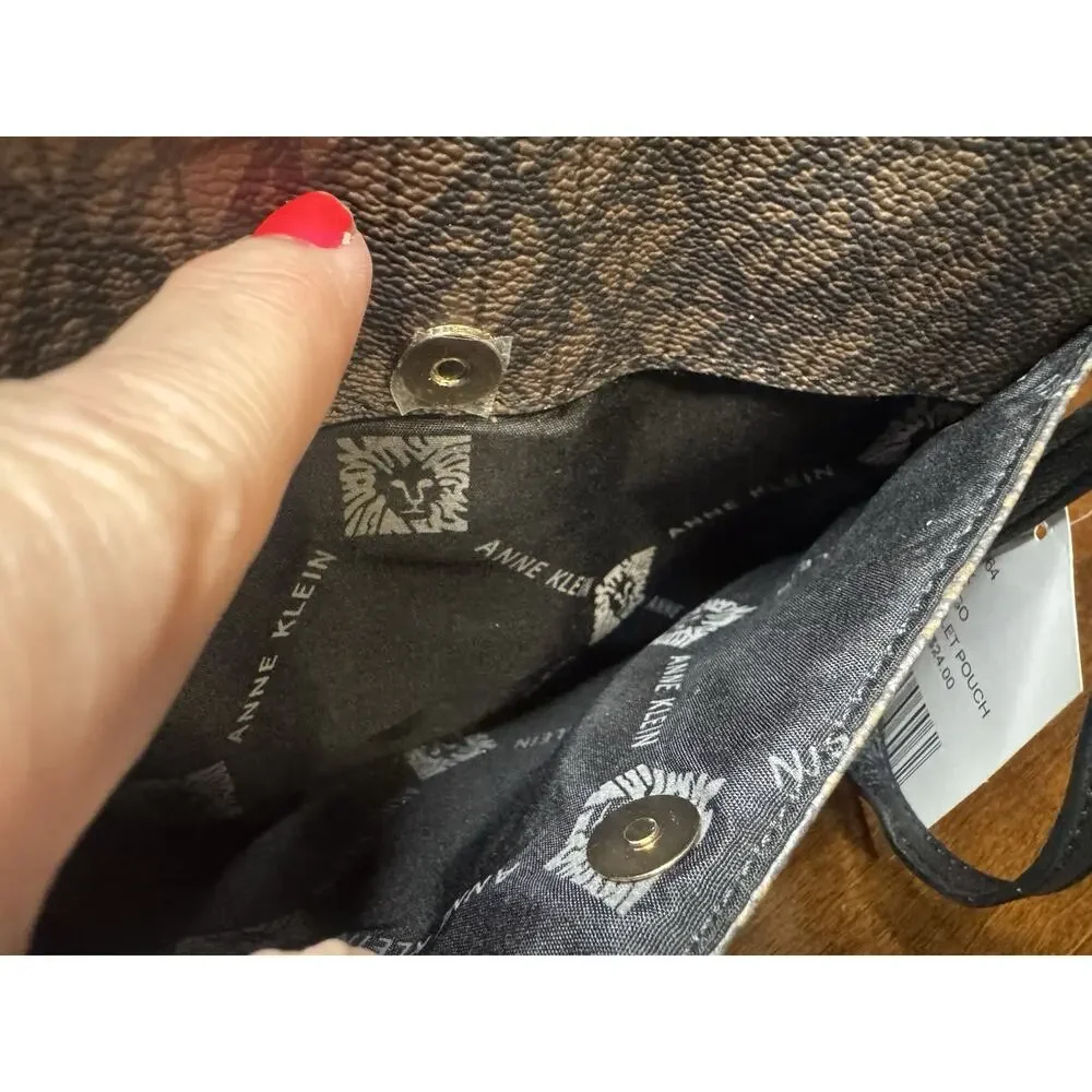 Anne Klein Black/Brown Logo Wristlet Pouch Clutch Wristlet for Women
